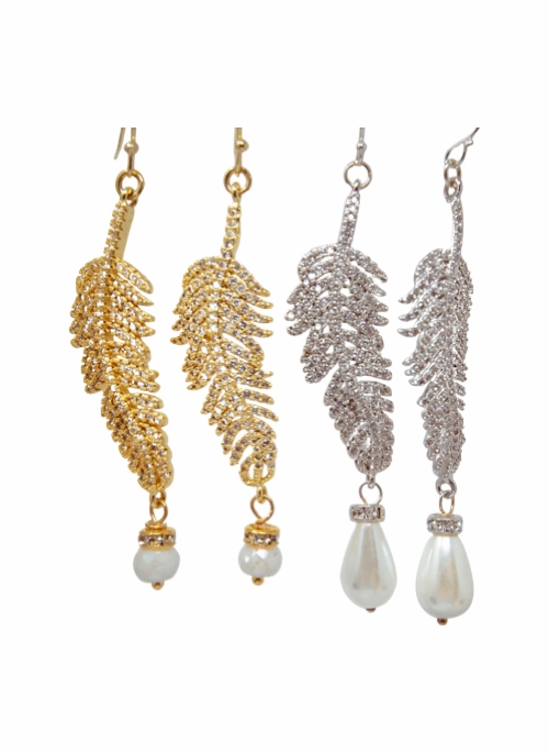 Abi Pave Feather Earrings Pearl Drop-Silver