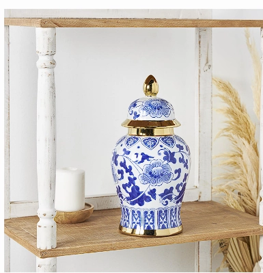 BLUE CERAMIC FLORAL DECORATIVE JARS WITH CREAM AND GOLD ACCENTS, 7" X 7" X 14"