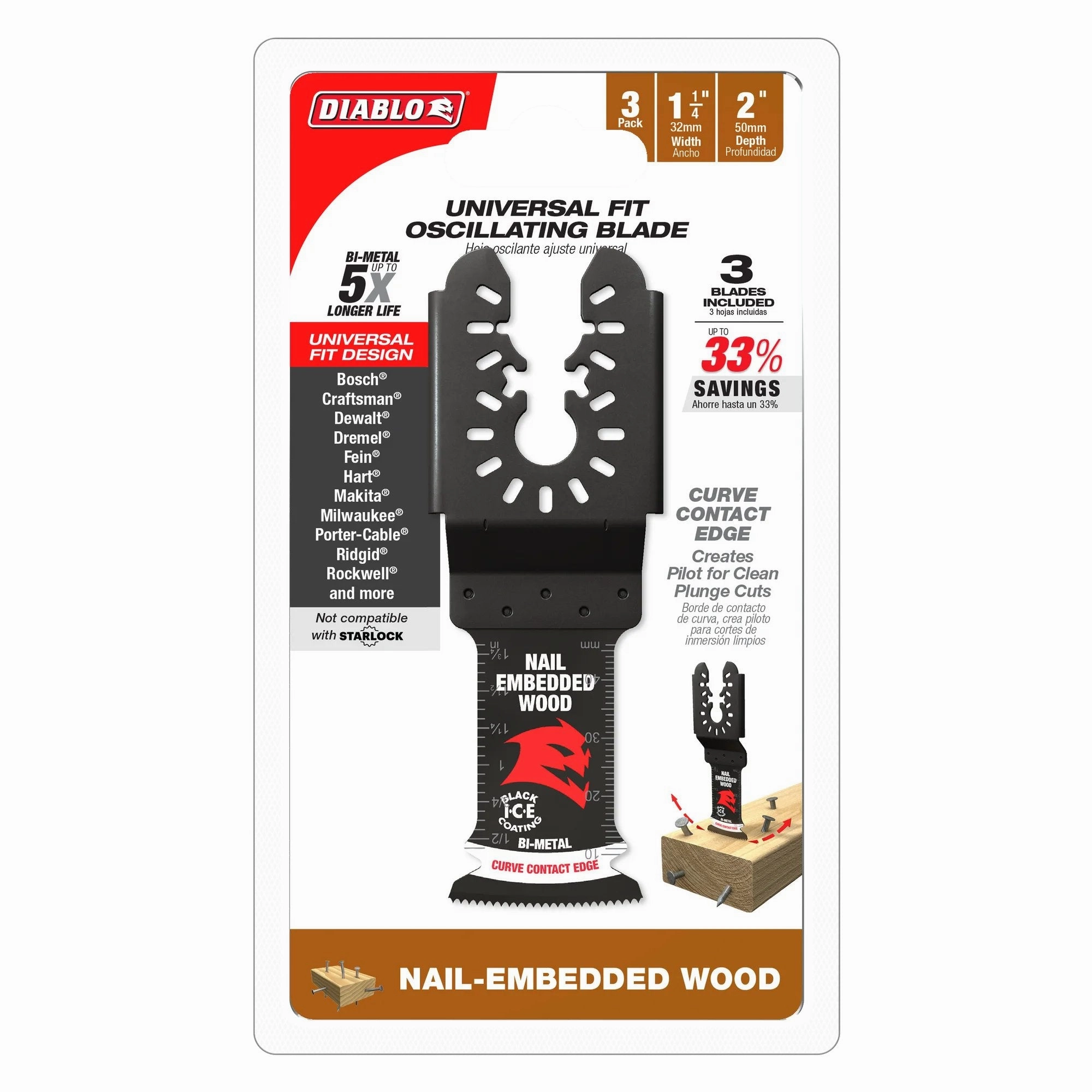 Diablo DOU125BW3- 1-1/4 in. Universal Fit Bi-Metal Oscillating Blade for Nail-Embedded Wood - 3Pk