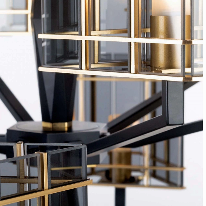 Luxury Modern 12 Light Italian Chandelier With Black And Smoked Glass