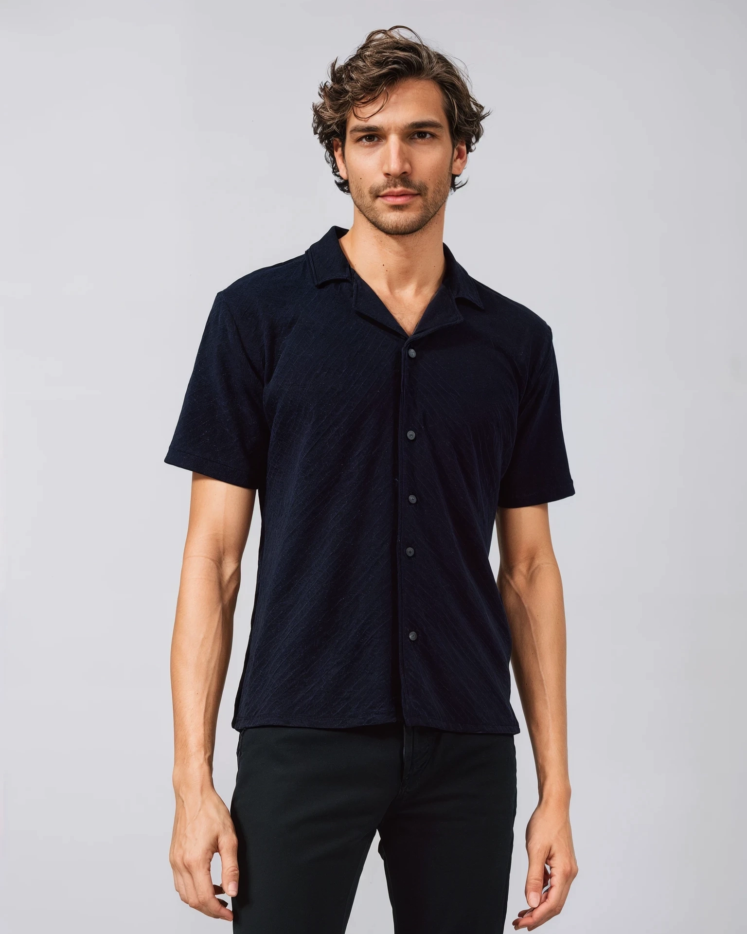 Navy Jacquard Knit Button-Front Sport Shirt