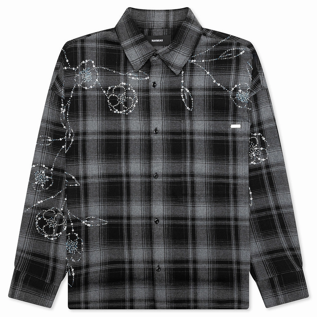 Plaid Beaded Oversized Shirt - Black