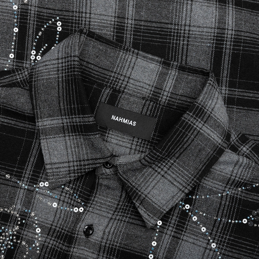Plaid Beaded Oversized Shirt - Black