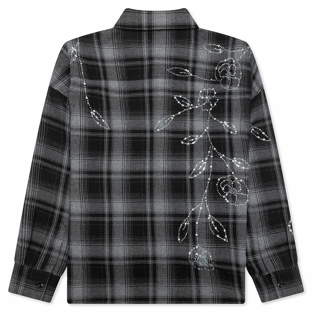 Plaid Beaded Oversized Shirt - Black