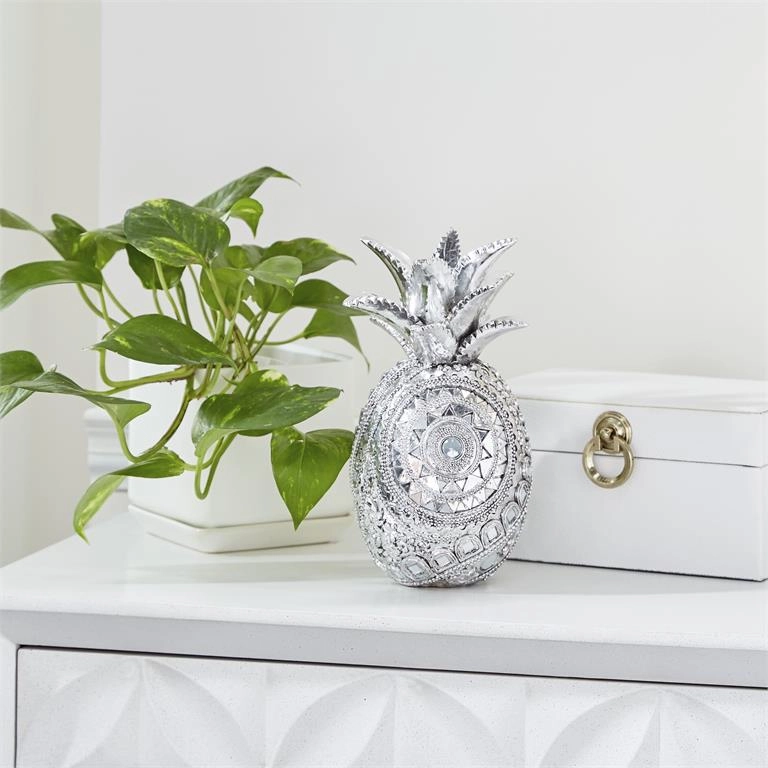 SILVER POLYSTONE GLAM PINAPPLE SCULPTURE