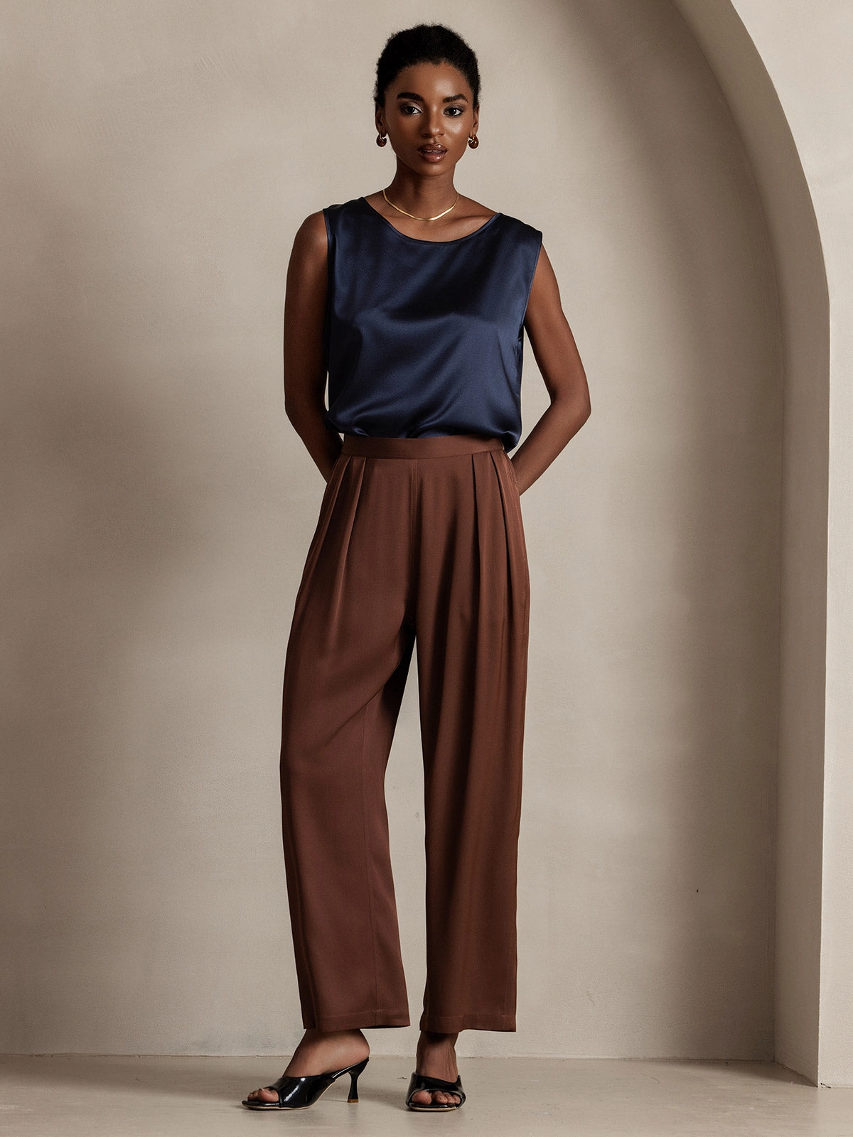 Timeless Elegant Pleated Wide-Leg Silk Long Pants
