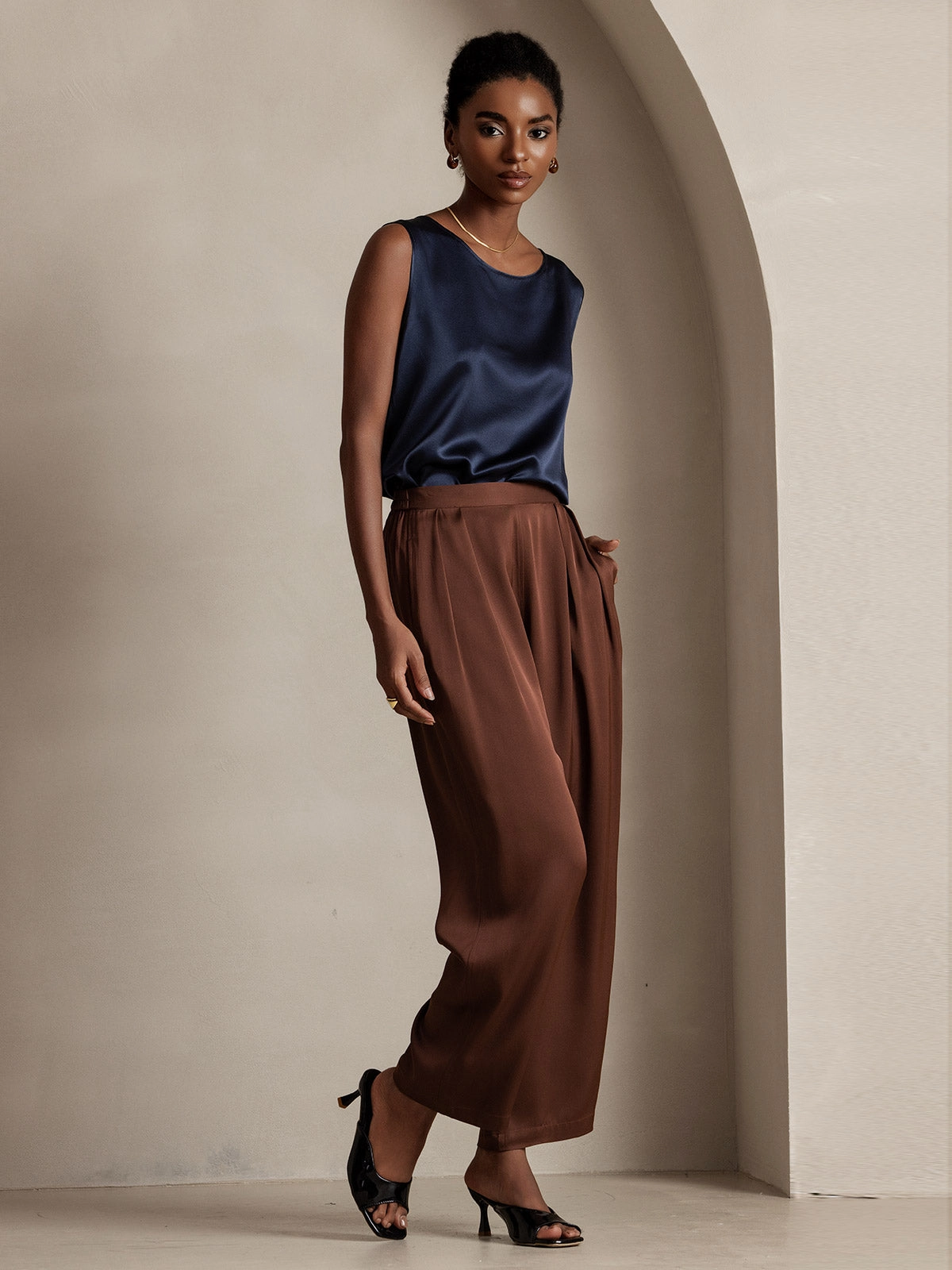 Timeless Elegant Pleated Wide-Leg Silk Long Pants