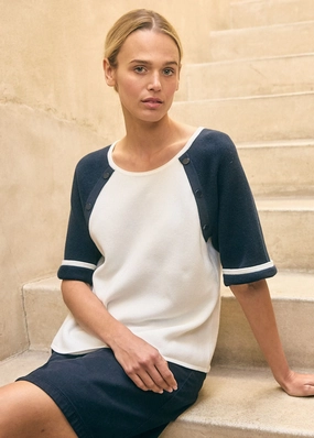 TRAVERSEE - Fancy Knit Cotton T-Shirt by Isabelle Ballu | 100% Cotton (IVORY / NAVY)