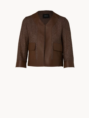 Wool Blend Structured Tweed Jacket with Leather Trim