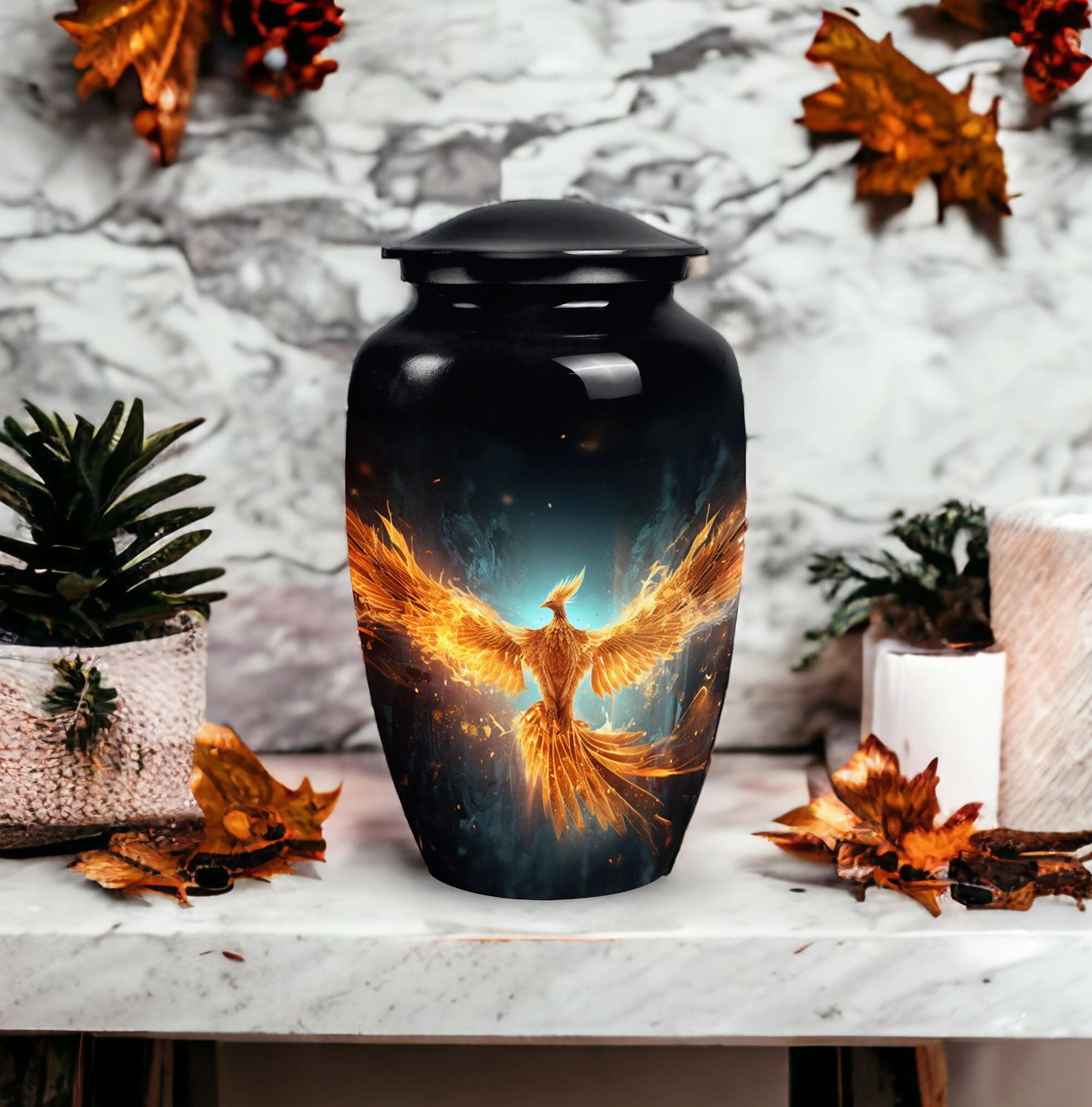 Yellow Phoenix Elegance: A Timeless Cremation Urn